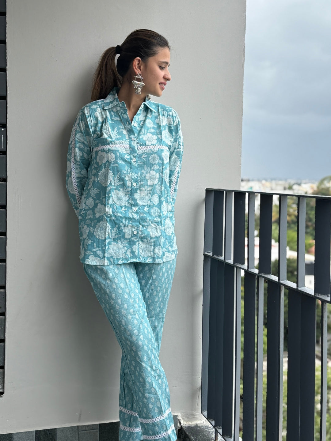 Blue Pure Cotton Flower Detailing Co-ord Set